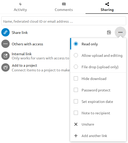 Public folder share options.